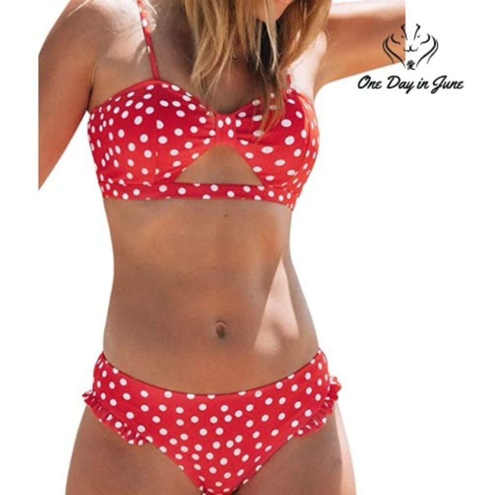 Red Polka Dot Cutout Ruffles Back Bikini